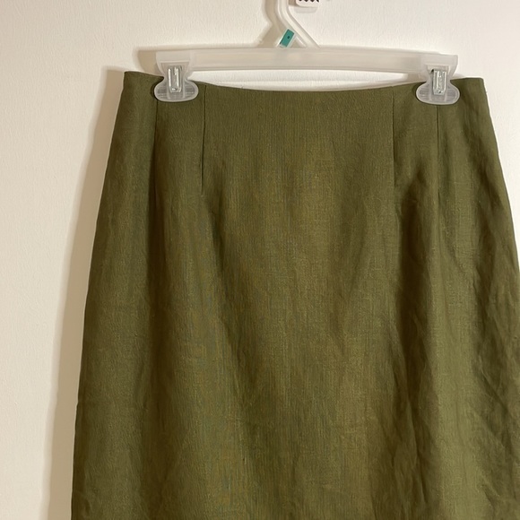 Bill Blass 100% Linen Pencil Skirt 10 Olive Green Mid Slit Blassport - Picture 3 of 12